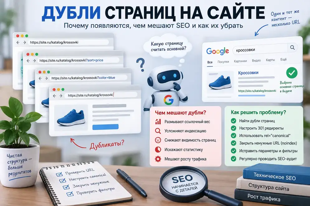 Дубли страниц на сайте: почему появляются, чем мешают SEO и как их убрать